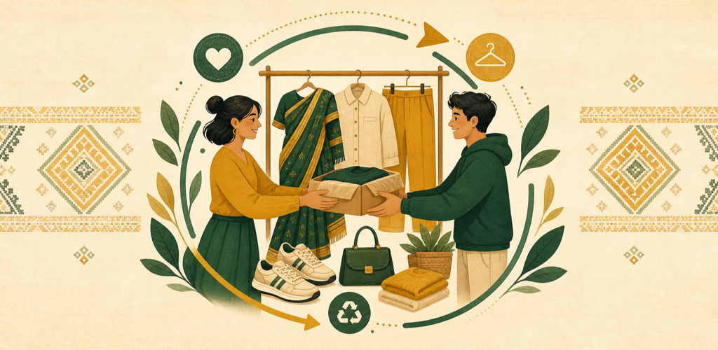 People in Nepal exchanging pre-loved clothing beside a rack of garments and accessories